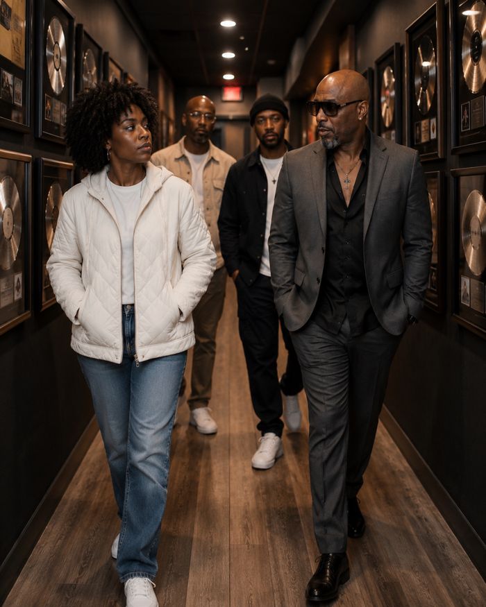 Luner Eugene walking a studio hallway with Kemi, Malik and Sham